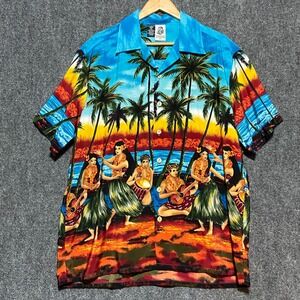 Kennington LTD Mens Hawaiian Aloha Shirt XL Tropical Palms Hula Dancers Beach